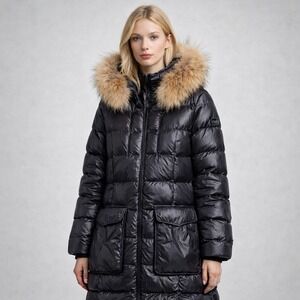 ADD Down Puffer Coat Womens 12 Black Fur Trim Hooded Parka Goose Down $700 NWT